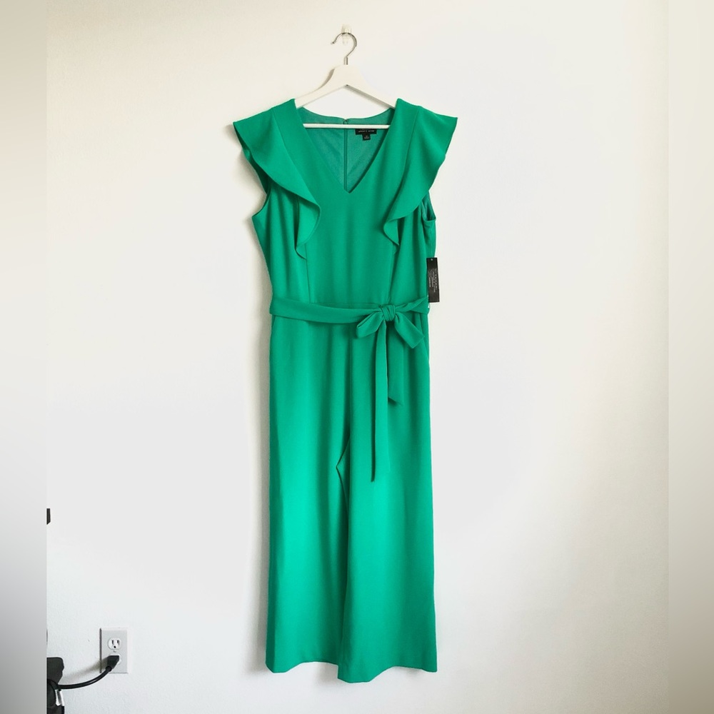 NWT Tahari ASL Green Ruffle Cropped Wide Leg Jumpsuit Size 12